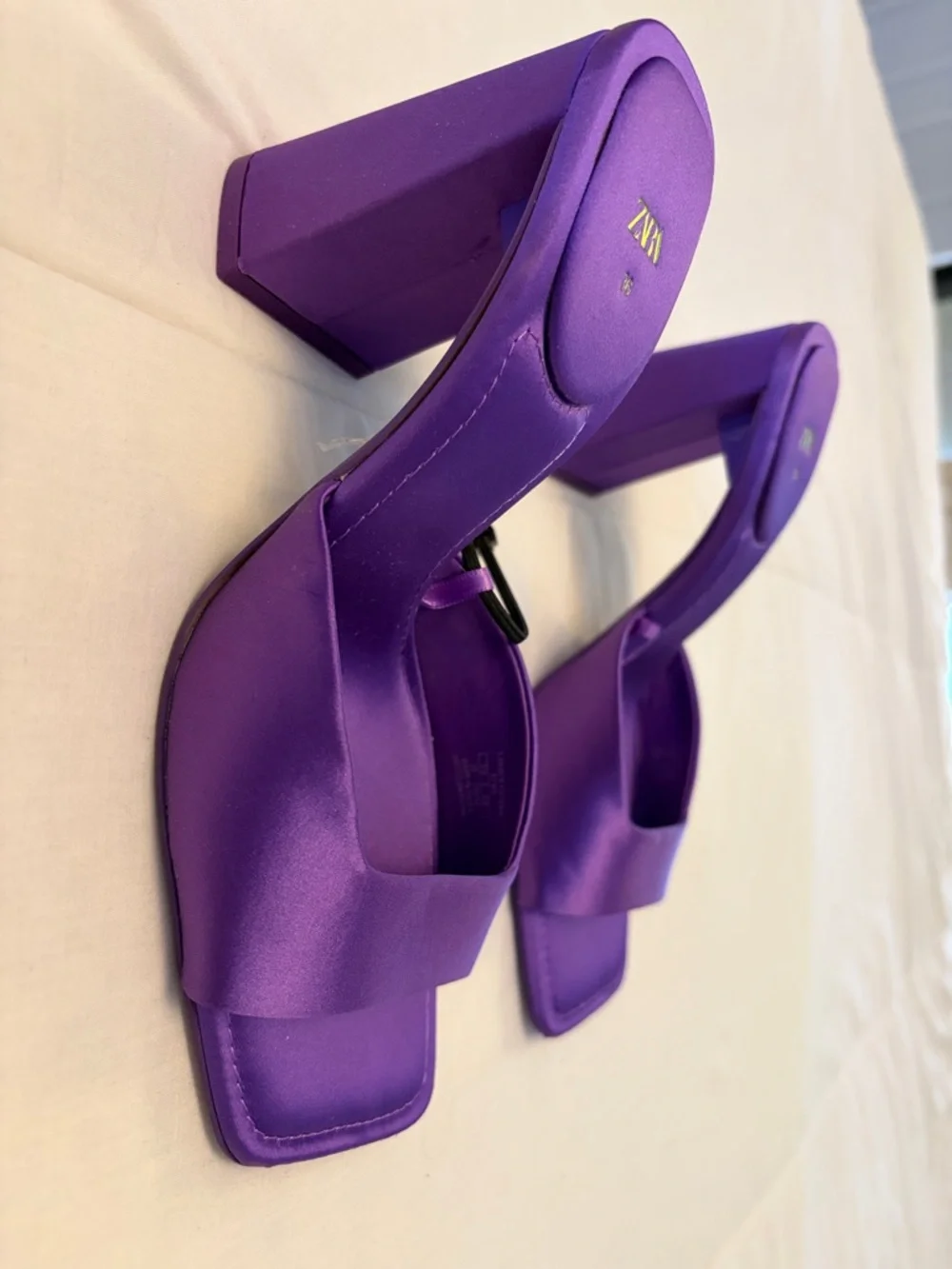 Zara Violet Satin Square-Toe Block Heel Sandals - Picture 2 of 3